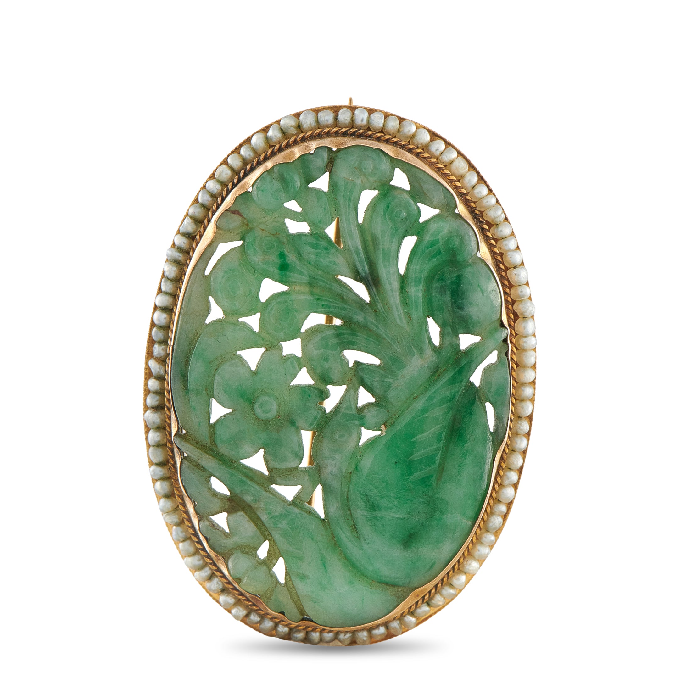 14K Rose Gold Jade and Seed Pearl Brooch