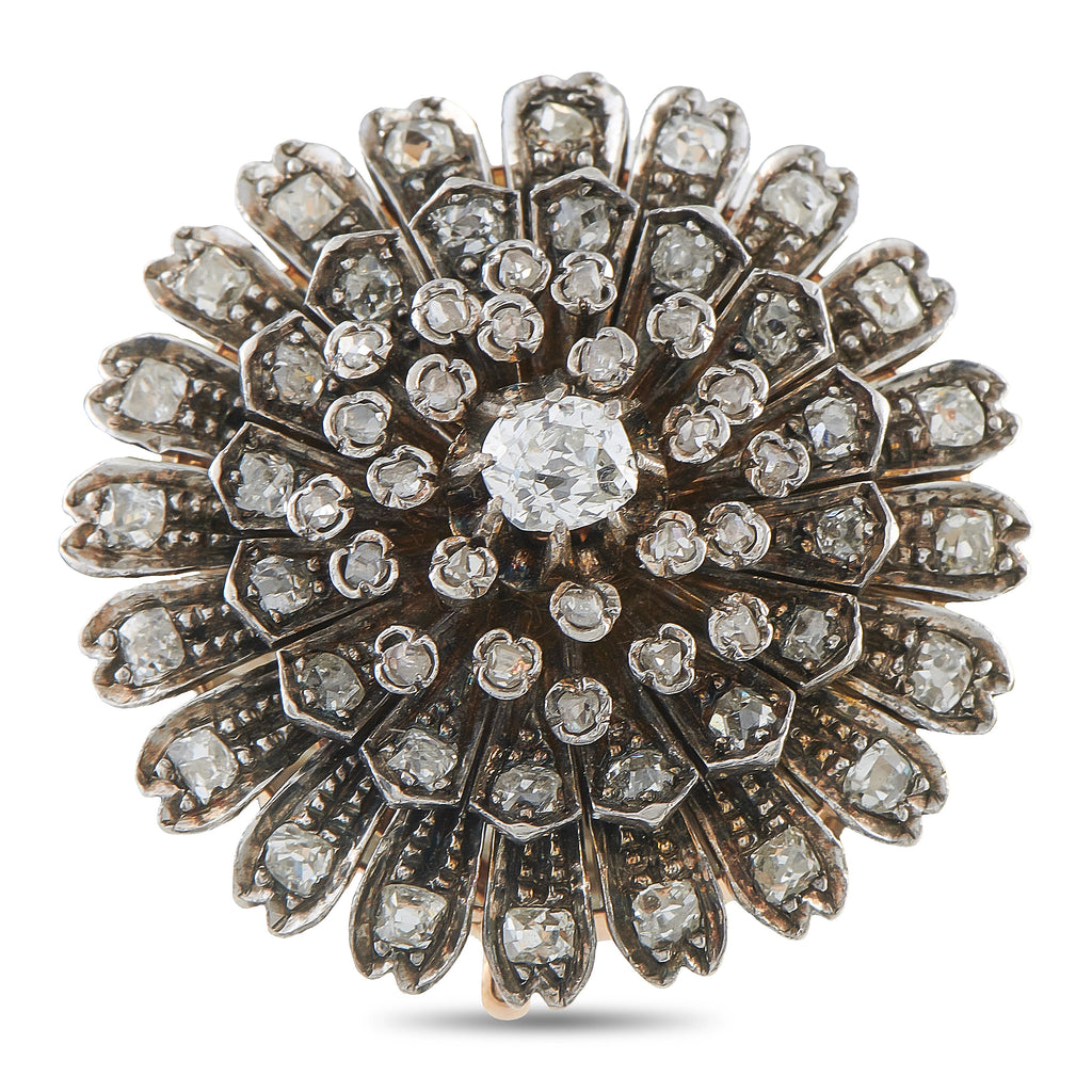 14K Rose Gold and Silver Diamond Starburst Brooch