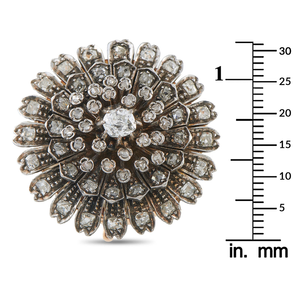 14K Rose Gold and Silver Diamond Starburst Brooch