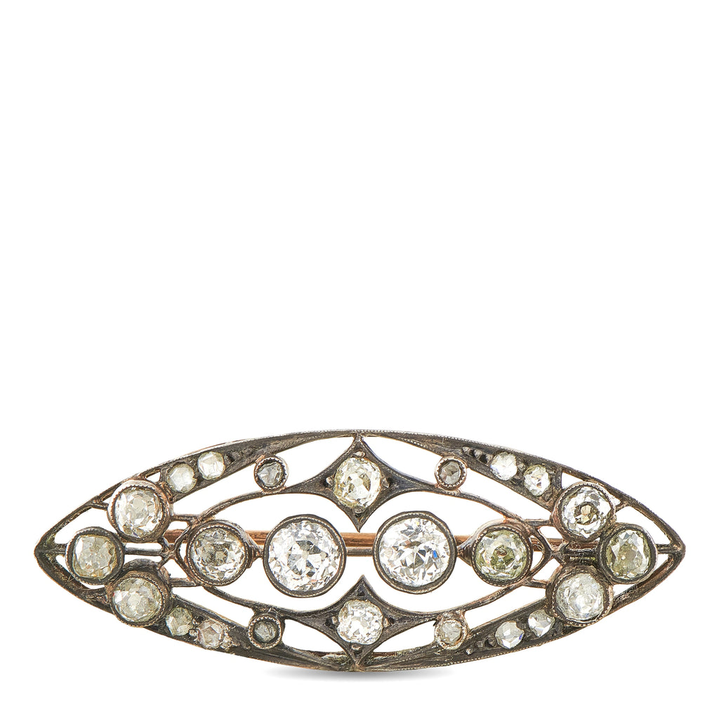 Antique 14K Rose Gold and Silver Diamond Navette Brooch