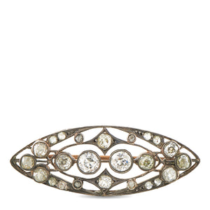 Antique 14K Rose Gold and Silver Diamond Navette Brooch