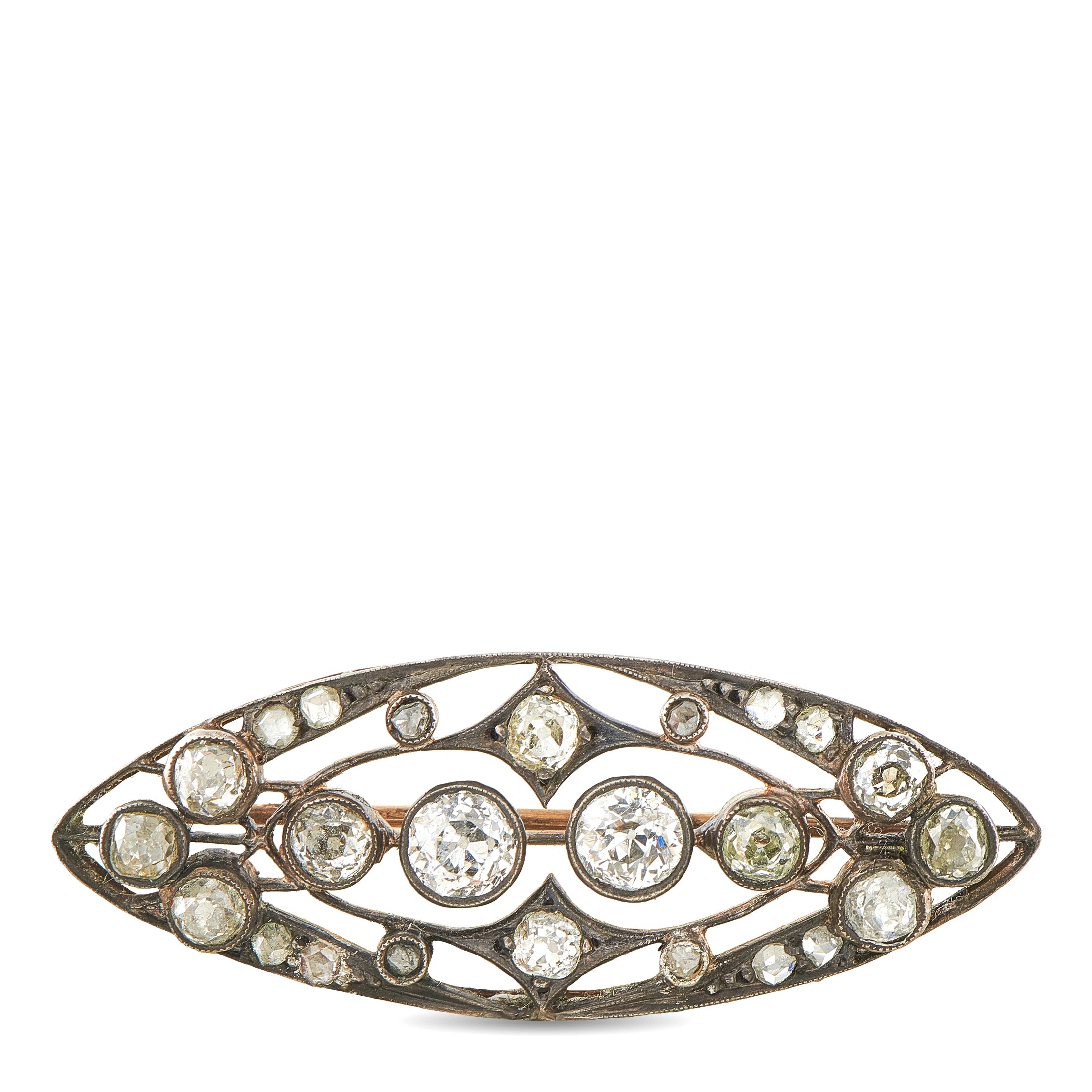 Antique 14K Rose Gold and Silver Diamond Navette Brooch