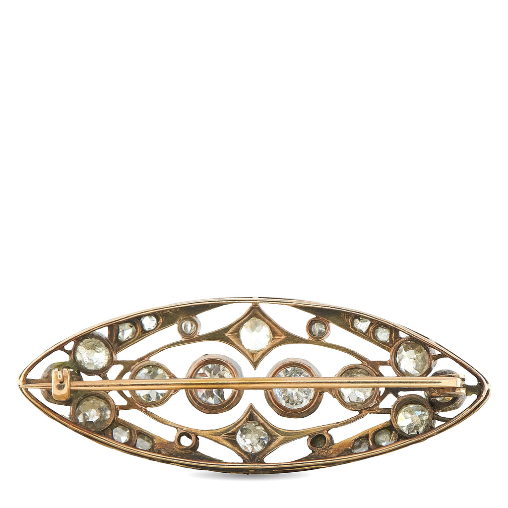 Antique 14K Rose Gold and Silver Diamond Navette Brooch