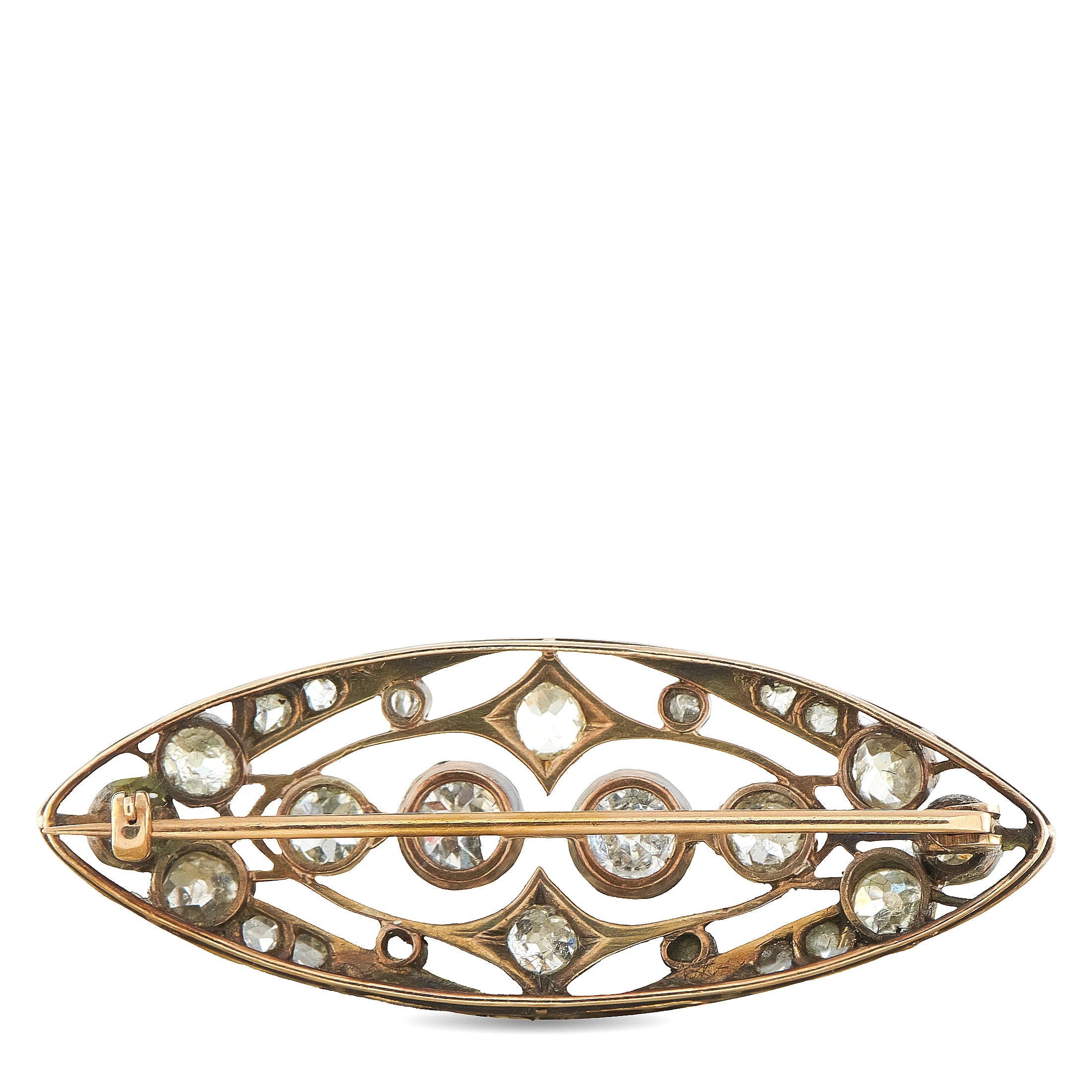Antique 14K Rose Gold and Silver Diamond Navette Brooch