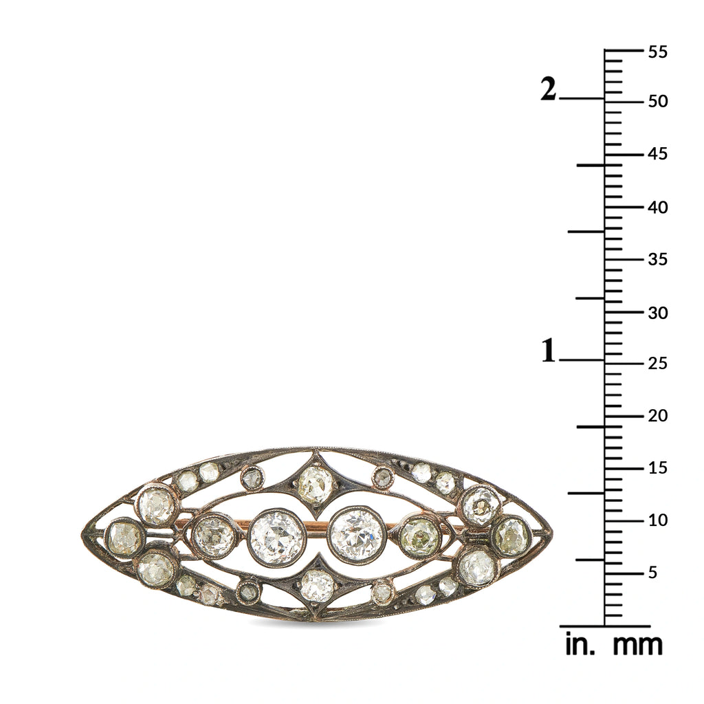 Antique 14K Rose Gold and Silver Diamond Navette Brooch