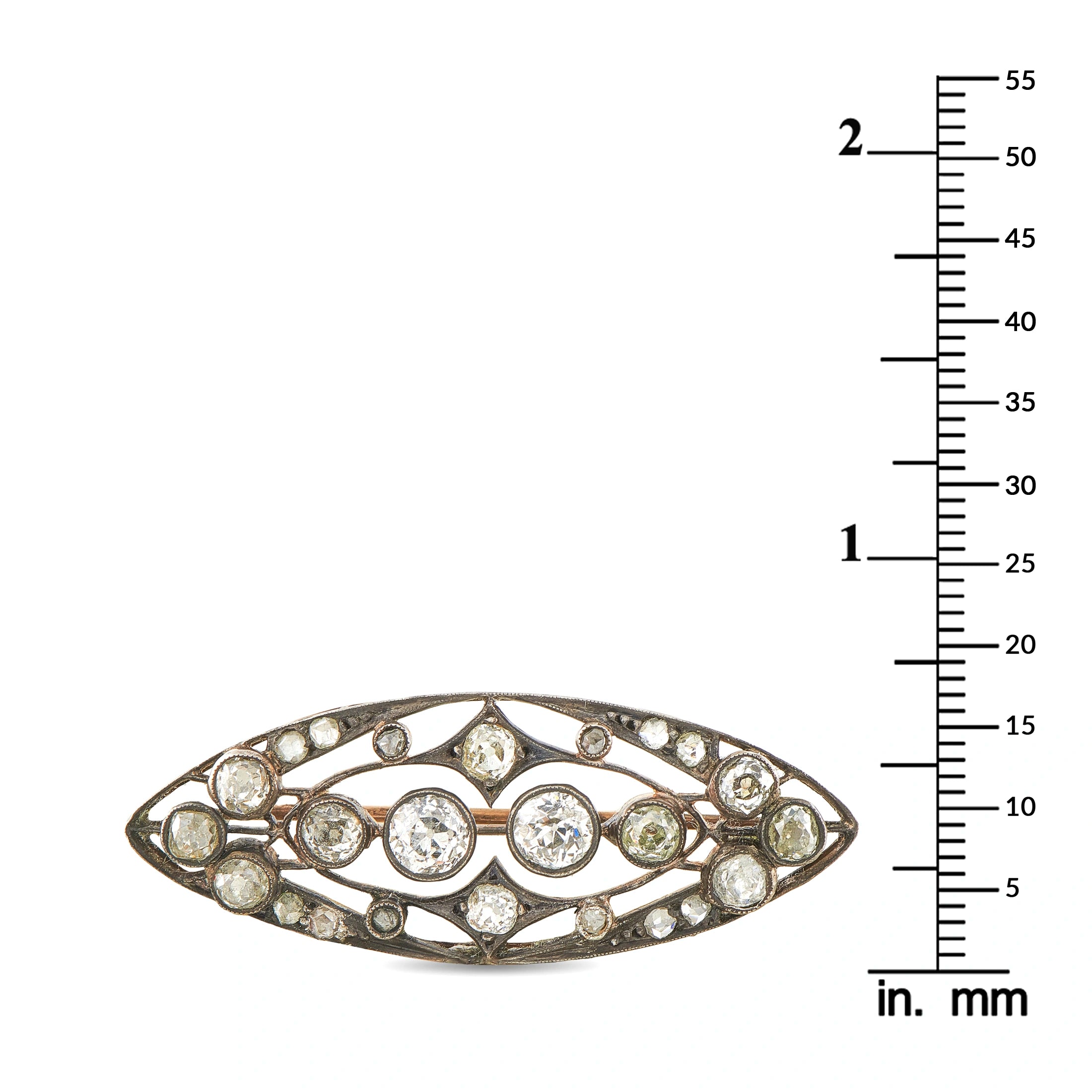 Antique 14K Rose Gold and Silver Diamond Navette Brooch