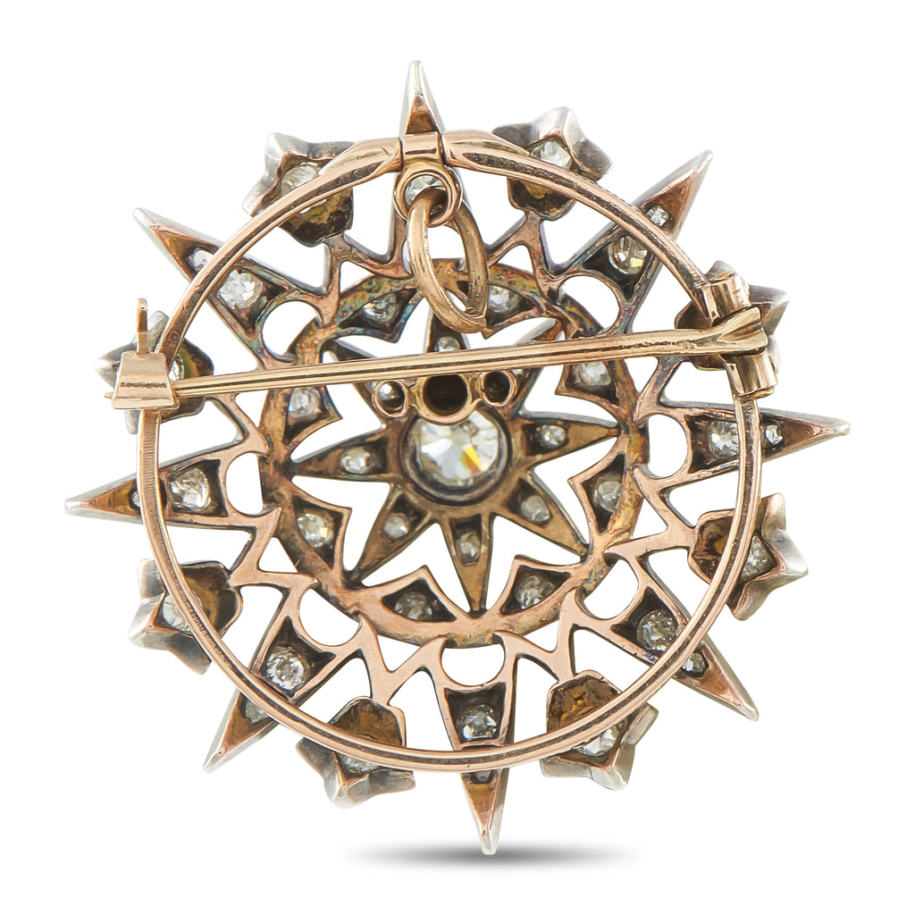 Diamond star brooch with rose-gold ring frame, silver prongs, and star-shaped accents