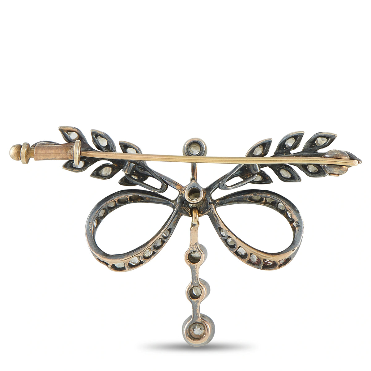 Diamond bow brooch pin with side view, layered loops and small round hanging stones