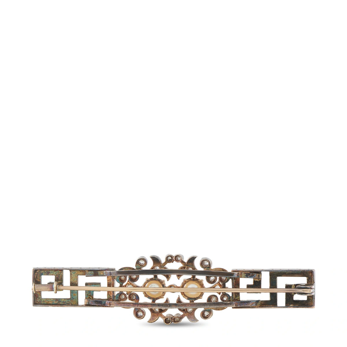Antique diamond pearl brooch, openwork geometric border with raised center stone