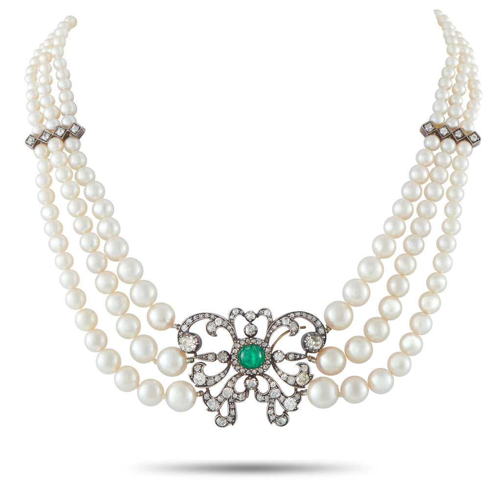 14K Rose Gold and Silver 4.50ct Diamond, Emerald, and Pearl Necklace