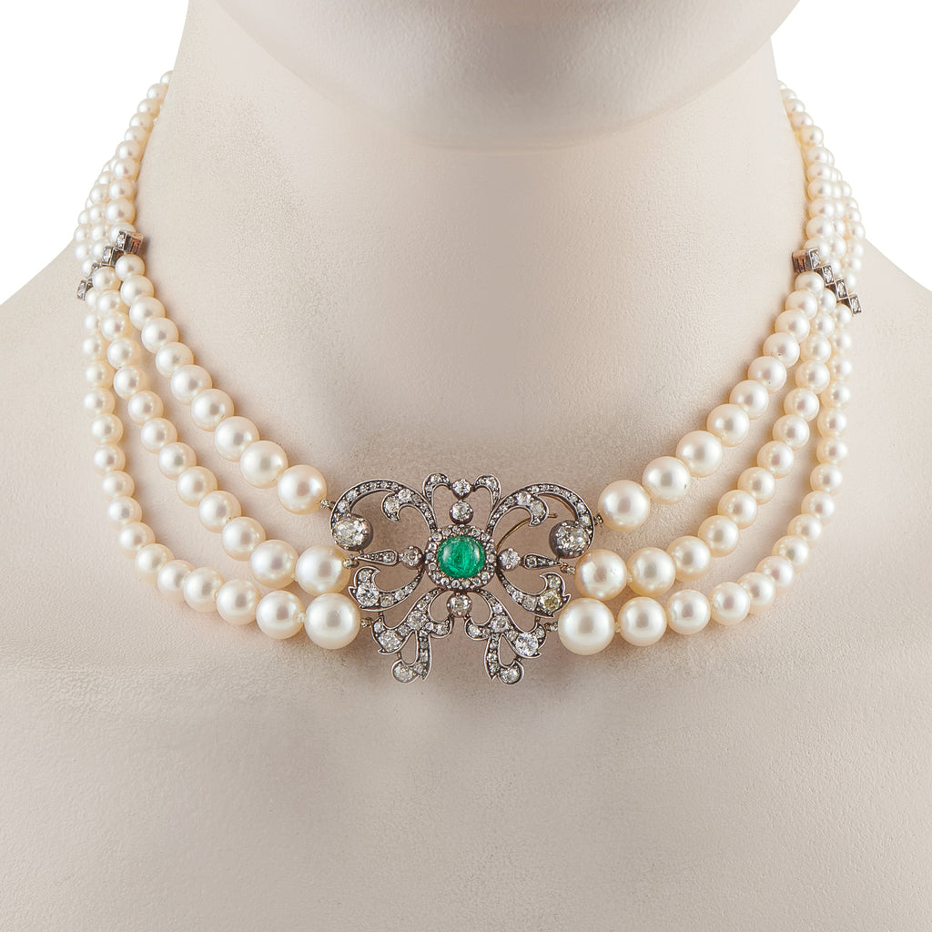 14K Rose Gold and Silver 4.50ct Diamond, Emerald, and Pearl Necklace