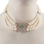 14K Rose Gold and Silver 4.50ct Diamond, Emerald, and Pearl Necklace