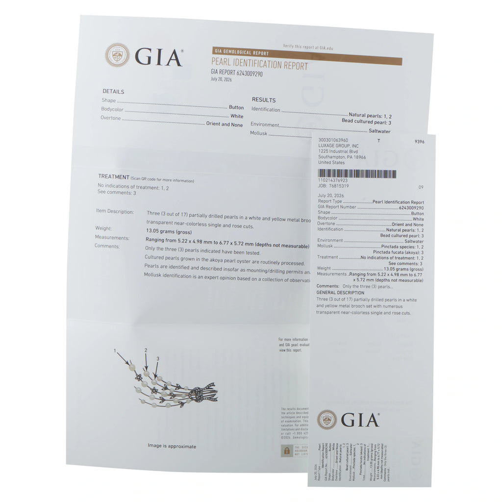 GIA pearl identification report document with printed results