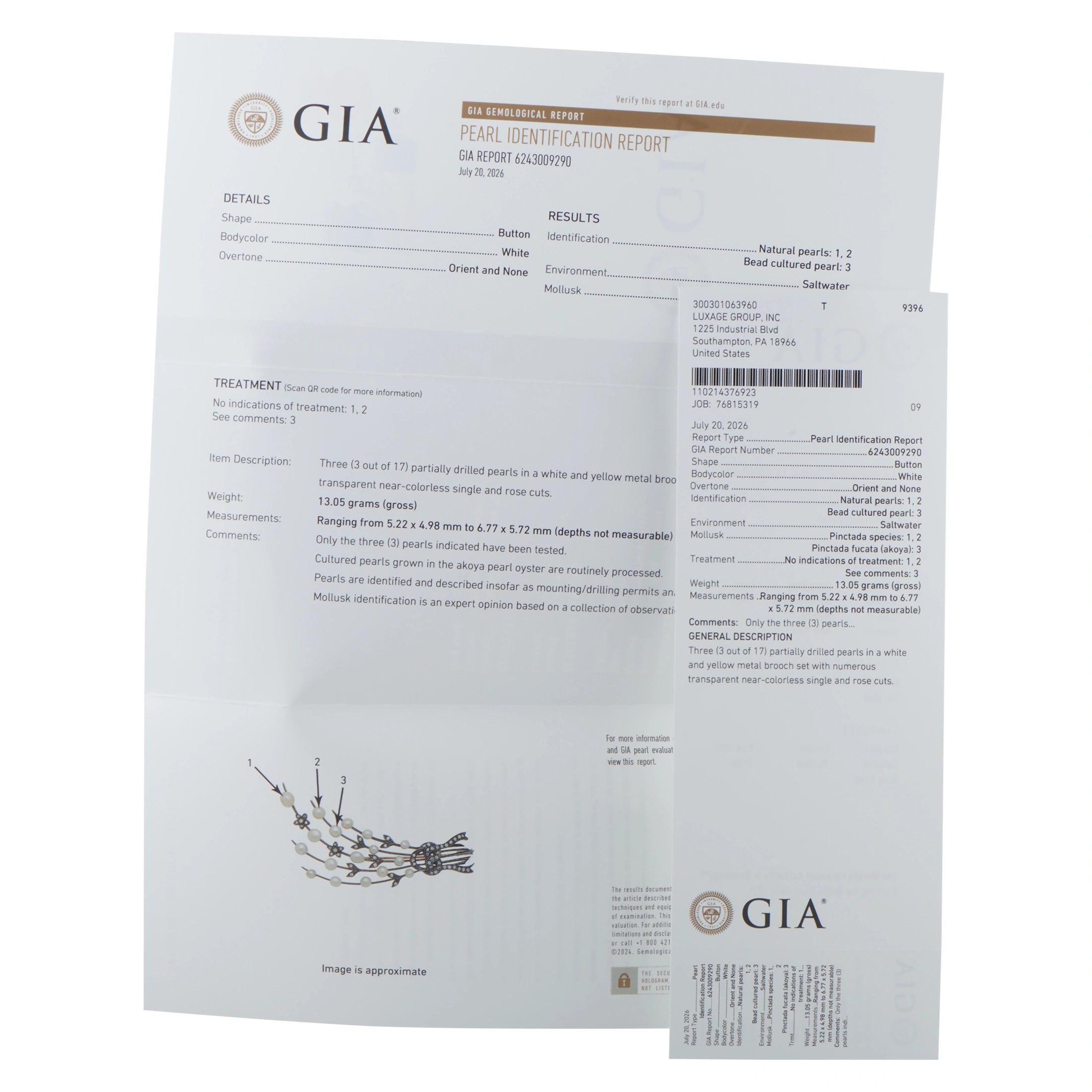 GIA pearl identification report document with printed results