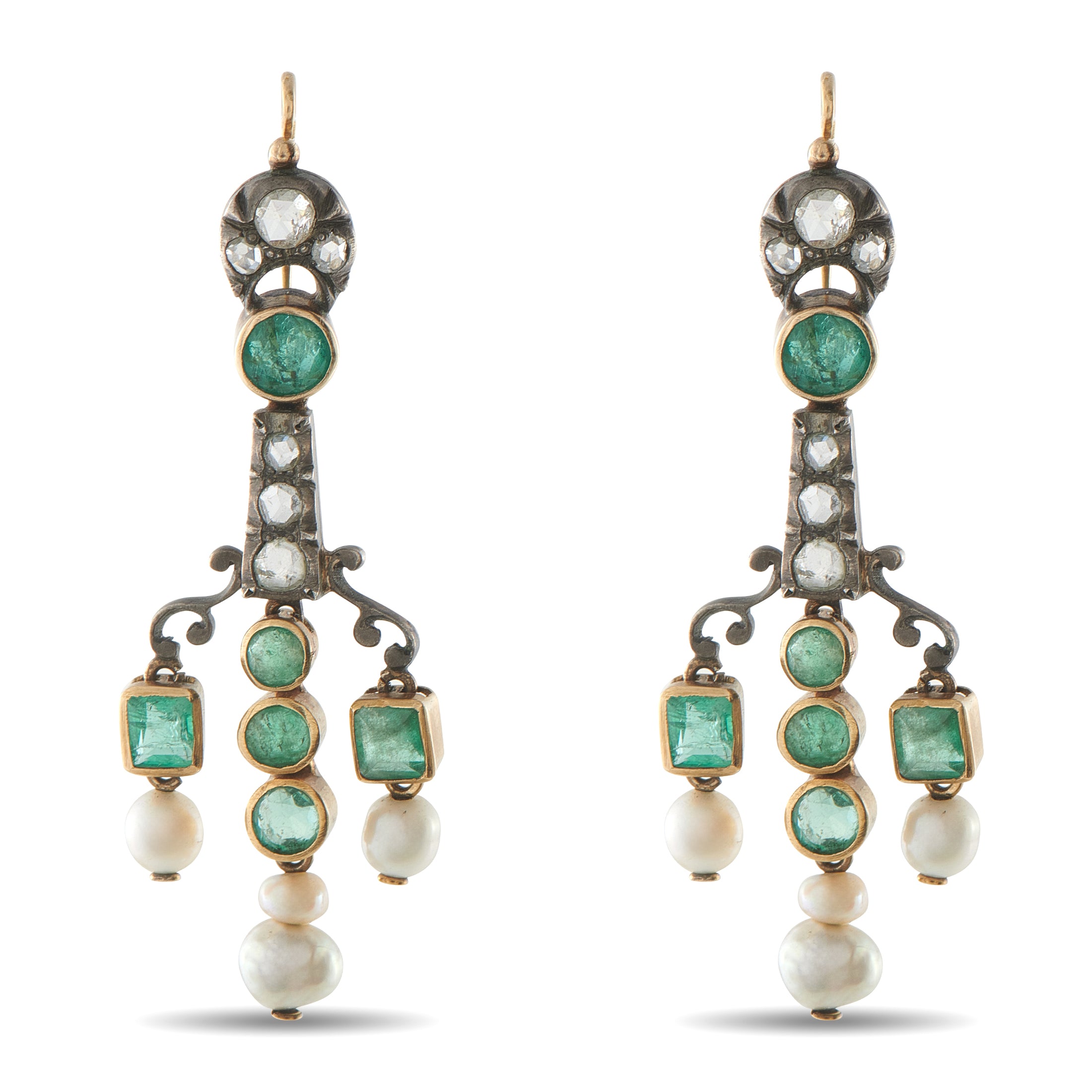 Antique 14K Rose Gold and Silver 0.70ct Diamond and Natural Pearl Earrings