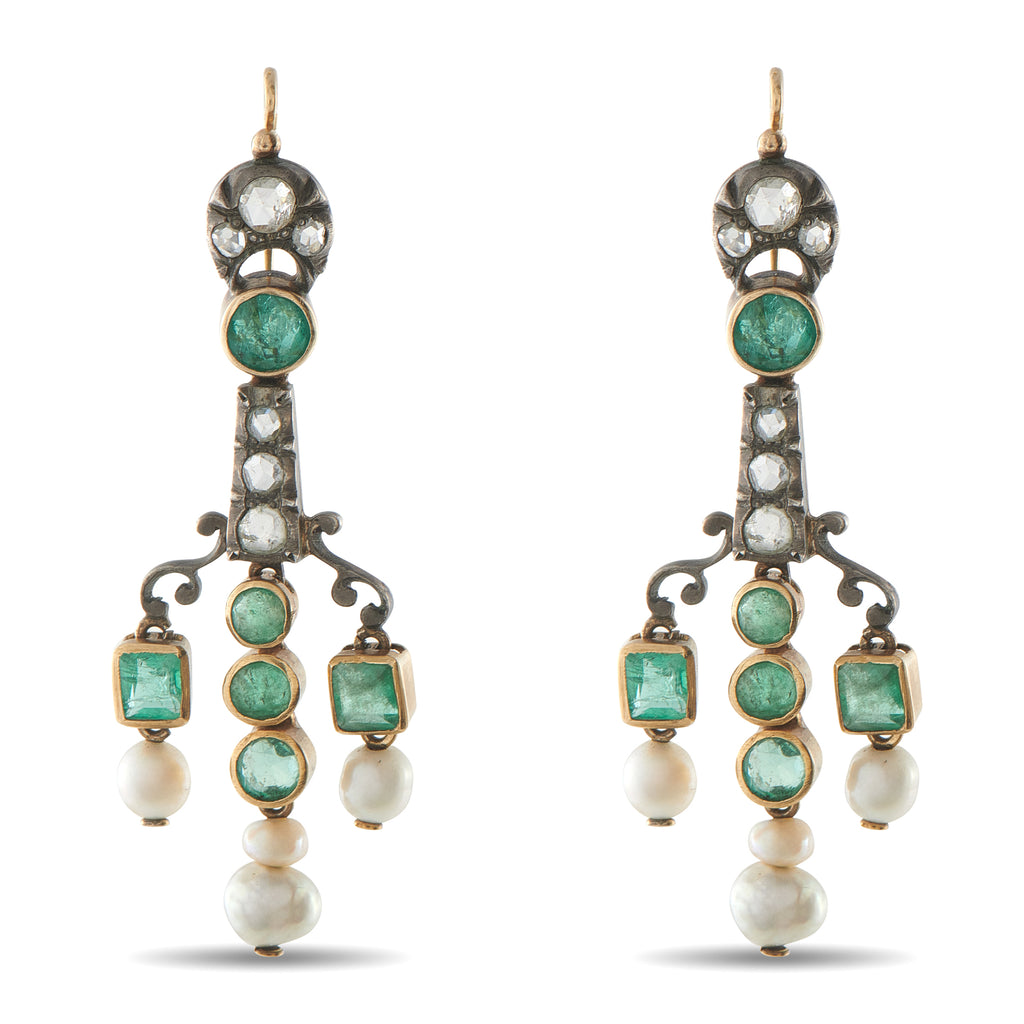Antique 14K Rose Gold and Silver 0.70ct Diamond and Natural Pearl Earrings