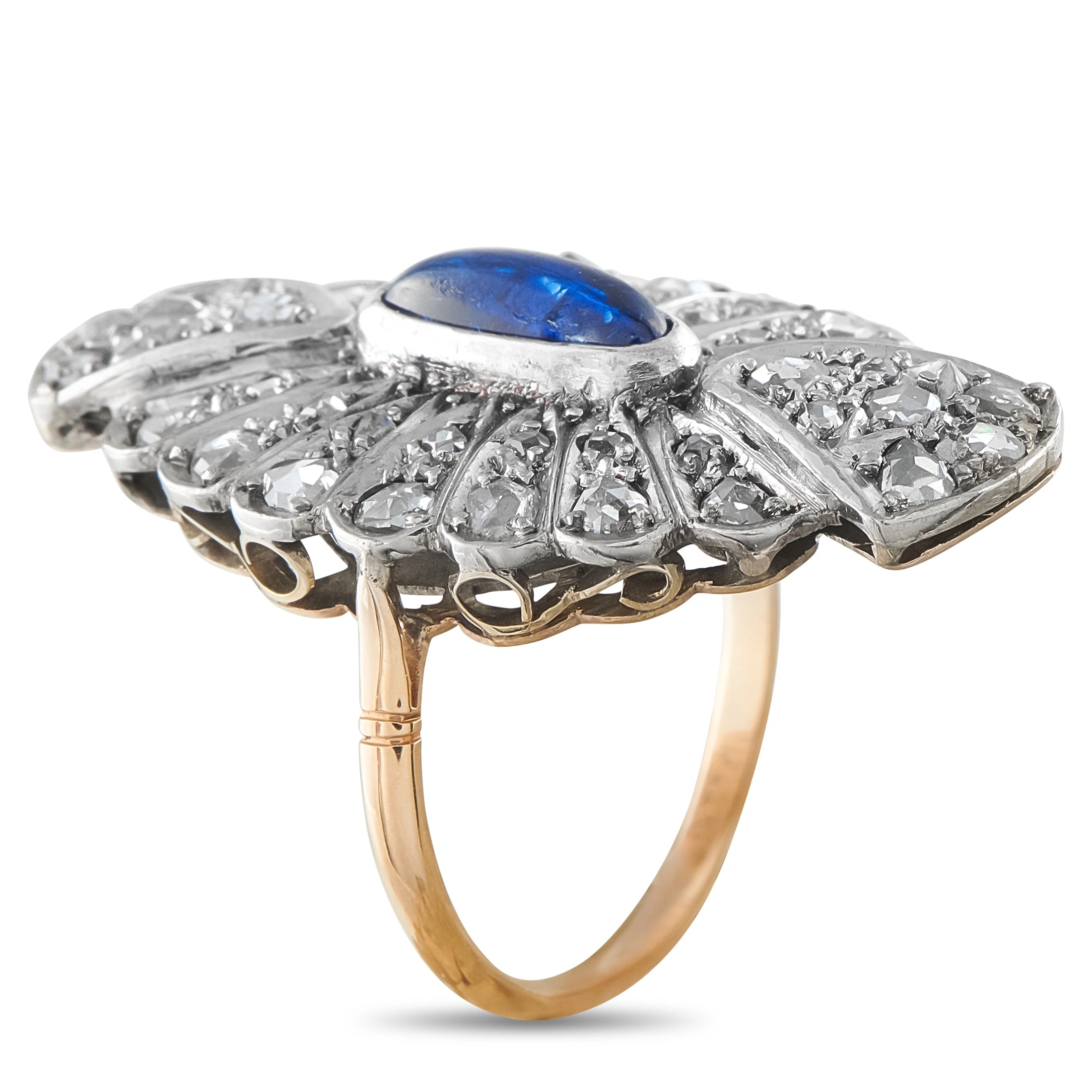 Antique sapphire diamond halo ring, blue oval center, gold band with silver prongs