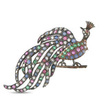 Antique 14K Rose Gold and Silver Diamond, Ruby, Sapphire, and Emerald Peacock Brooch