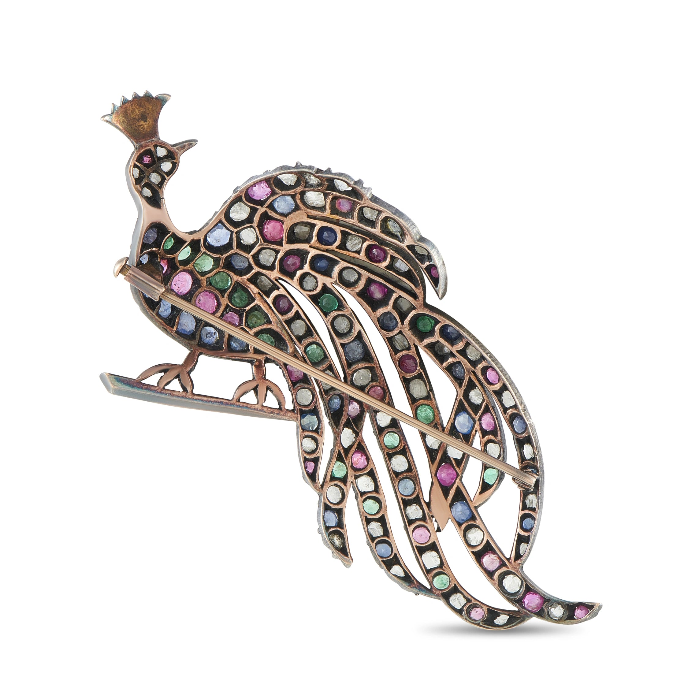 Antique 14K Rose Gold and Silver Diamond, Ruby, Sapphire, and Emerald Peacock Brooch