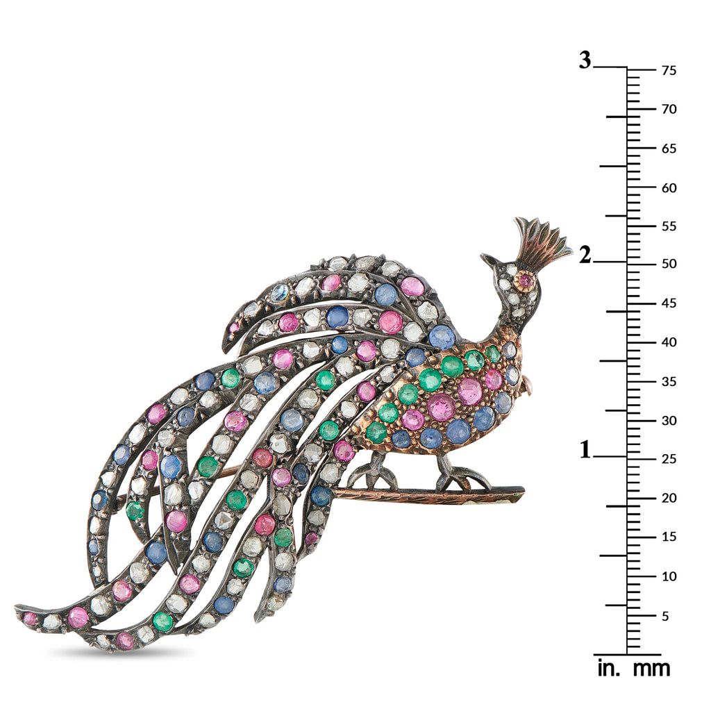 Antique 14K Rose Gold and Silver Diamond, Ruby, Sapphire, and Emerald Peacock Brooch