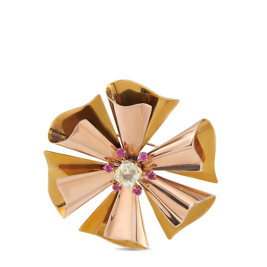 14K Rose and Yellow Gold 3.0ct Yellow Sapphire and Ruby Brooch