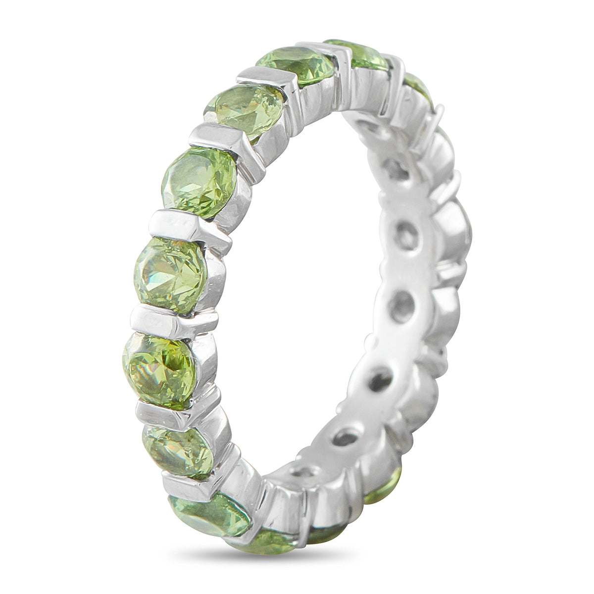 14K white gold eternity band featuring round green gemstones in bezel settings