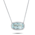 Oval aquamarine diamond halo pendant necklace in 14K white gold with chain