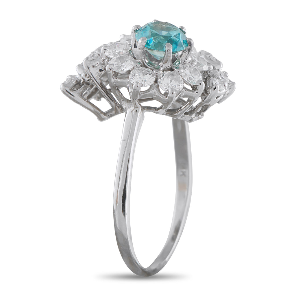 14K White Gold 1.34ct Diamond and Blue Zircon Ring