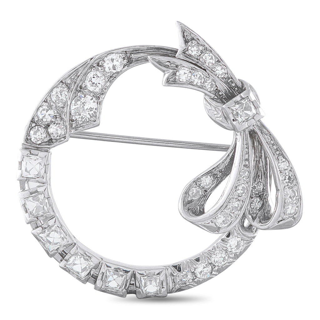 14K White Gold 1.75ct Diamond Open Circle Bow Brooch