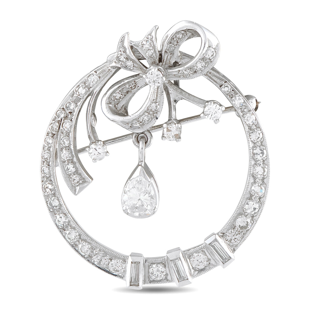 14K white gold diamond brooch with bow-and-drop floral design