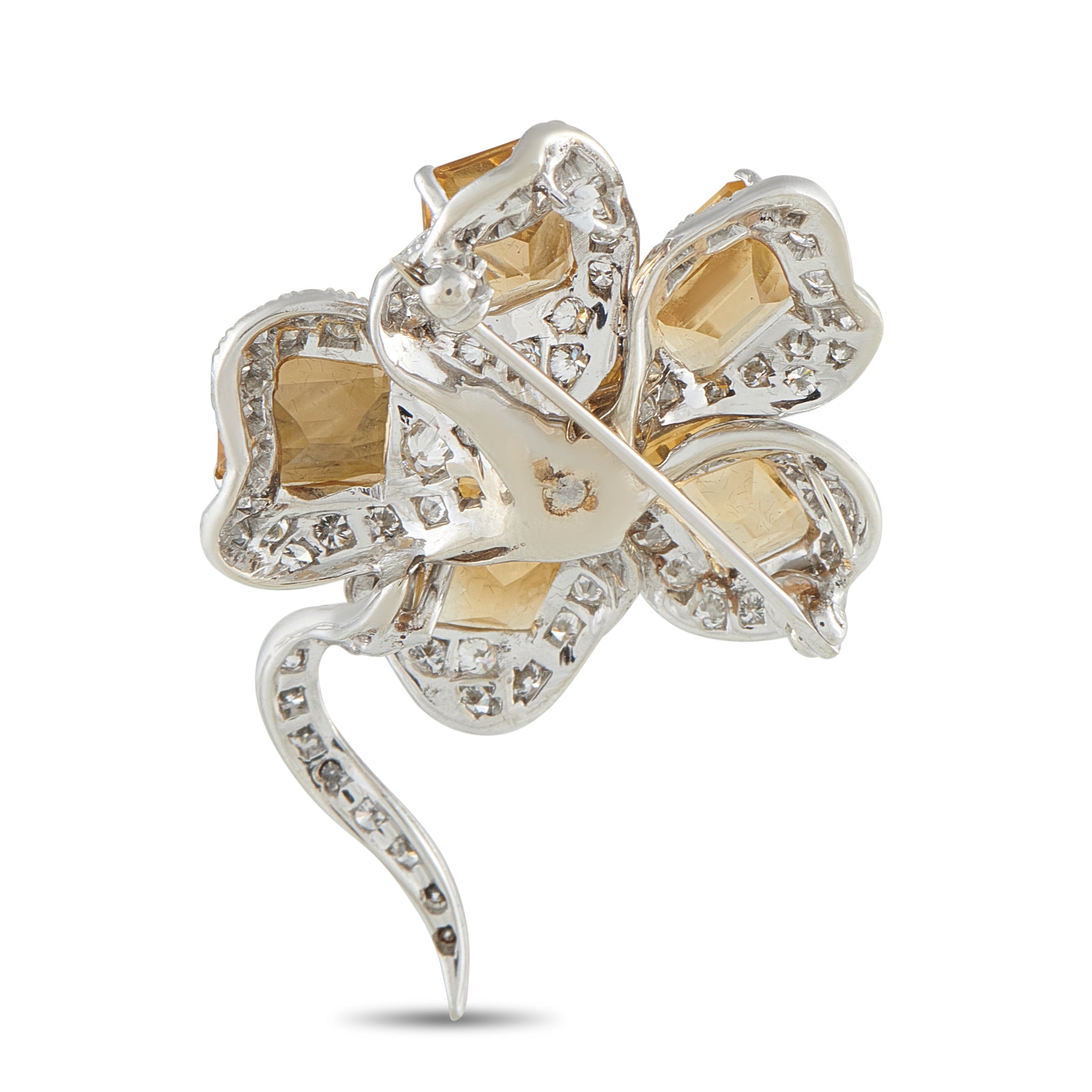 14K White Gold 2.0ct Diamond and Citrine Brooch