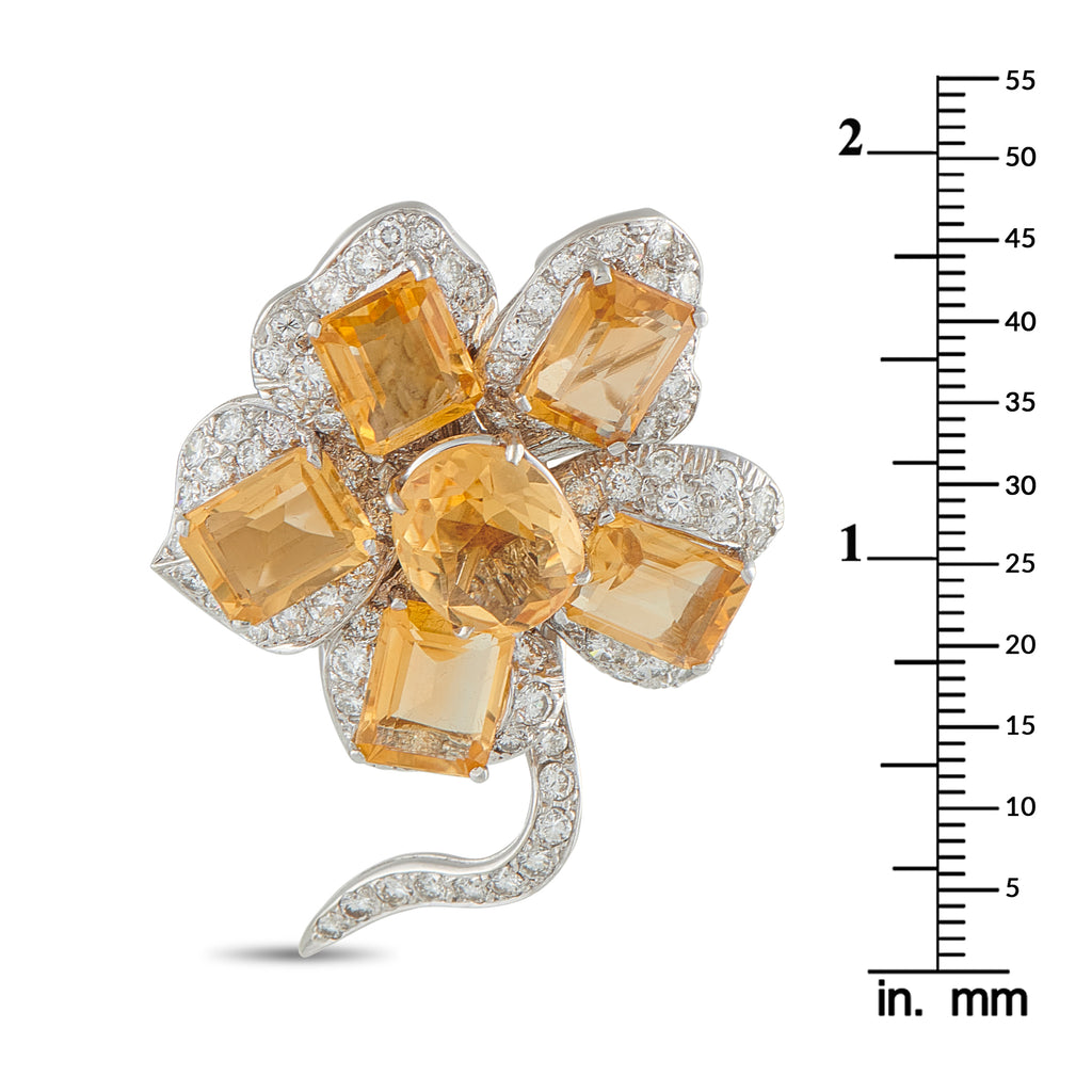14K White Gold 2.0ct Diamond and Citrine Brooch