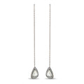 White gold teardrop diamond dangle earrings with long chain and faceted border