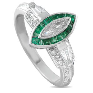 14K White Gold 0.40ct Diamond and Emerald Art Deco Ring