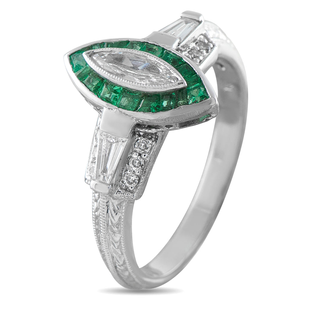 14K White Gold 0.40ct Diamond and Emerald Art Deco Ring