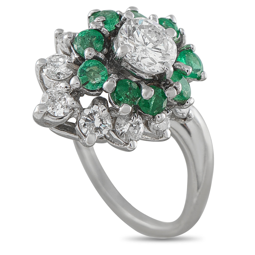 14K White Gold 0.90ct Diamond and Emerald Ring