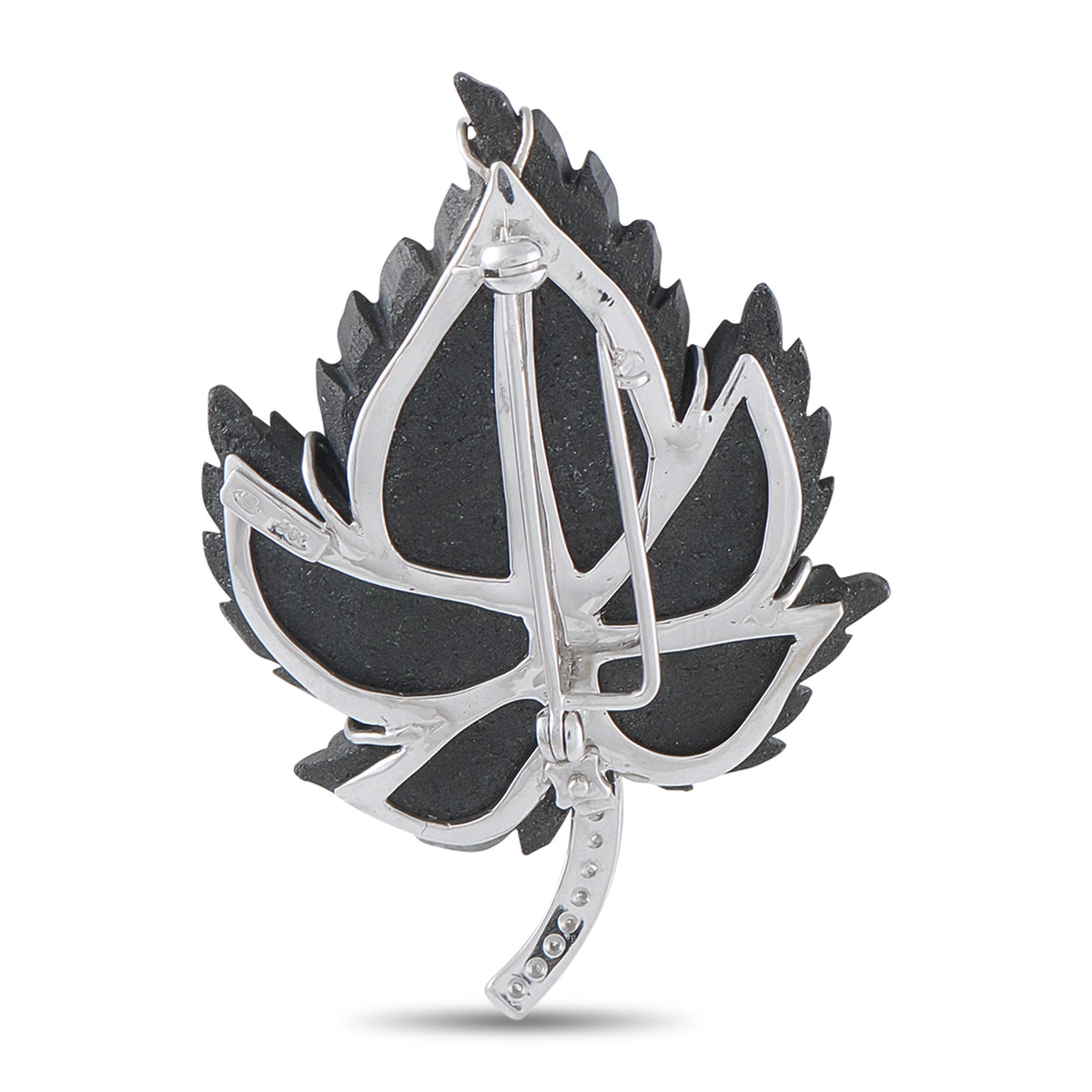 Back view leaf brooch in white gold with green stone leaf and diamond trim