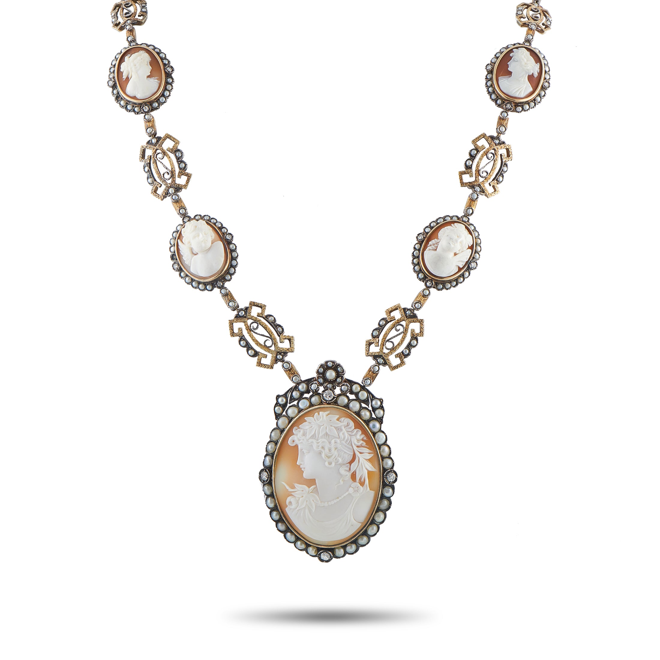 Antique 14K White Gold and Silver 2.0ct Diamond Cameo Necklace