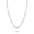 Round pearl necklace on white gold-tone chain, five pearls