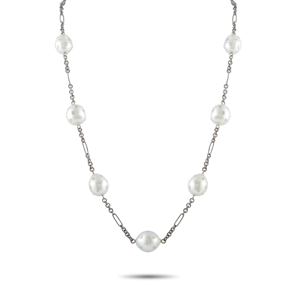 14K White Gold 4.46ct Diamond and Pearl Necklace