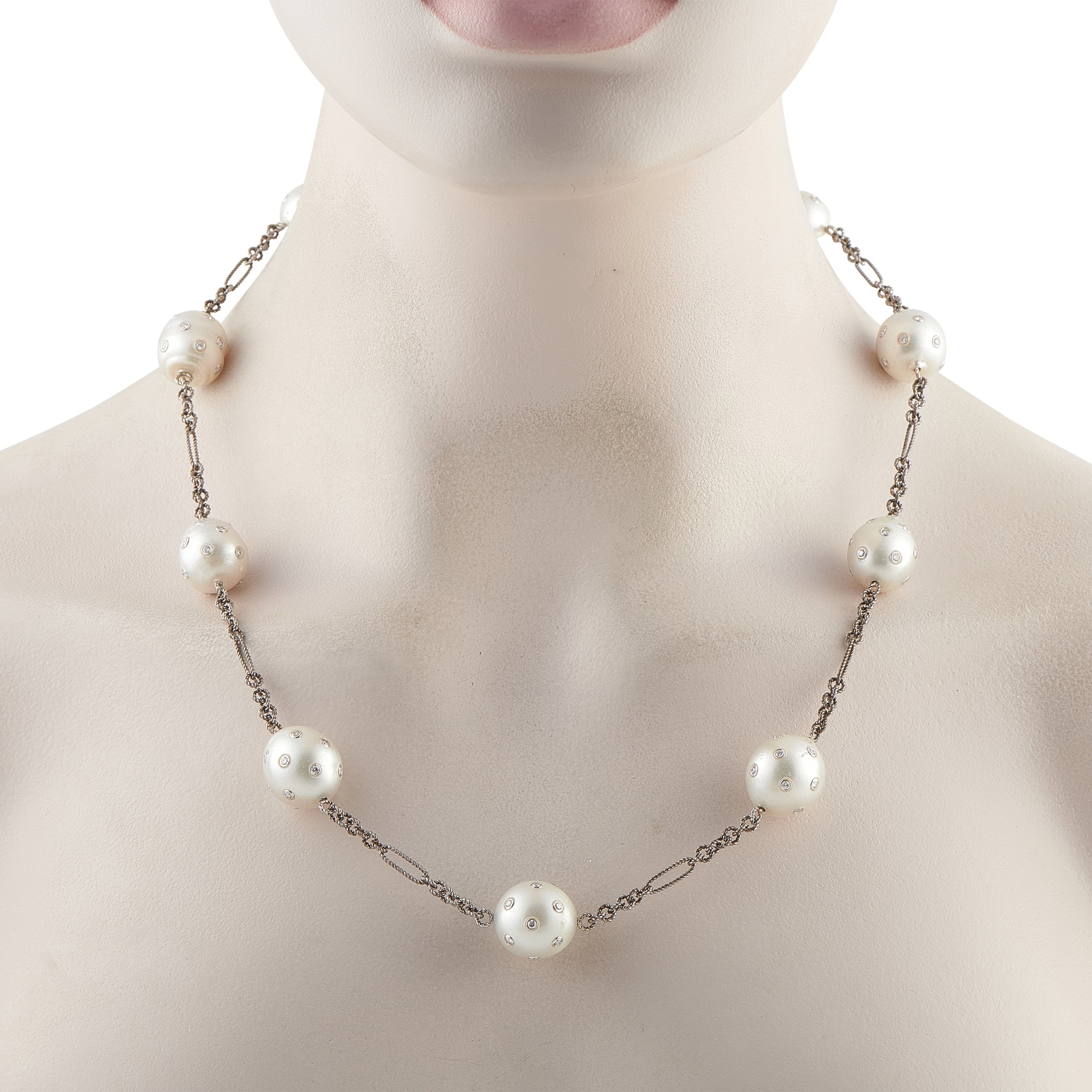 14K White Gold 4.46ct Diamond and Pearl Necklace
