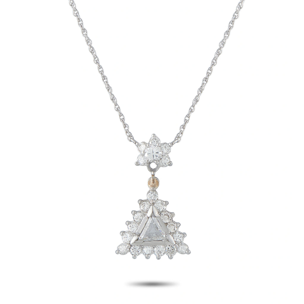 Triangular diamond halo pendant in 14K white gold with dangling teardrop detail