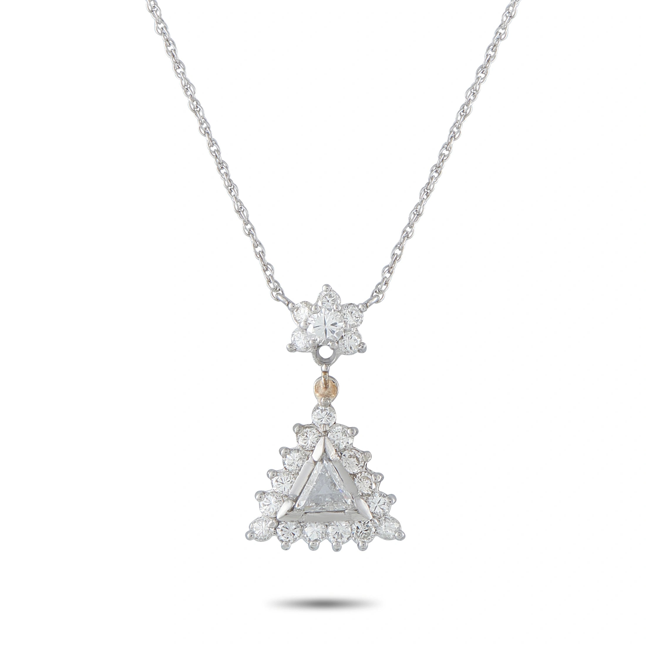 Triangular diamond halo pendant in 14K white gold with dangling teardrop detail
