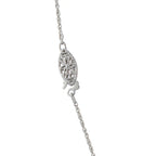 Triangular diamond halo pendant bail detail on 14K white gold chain