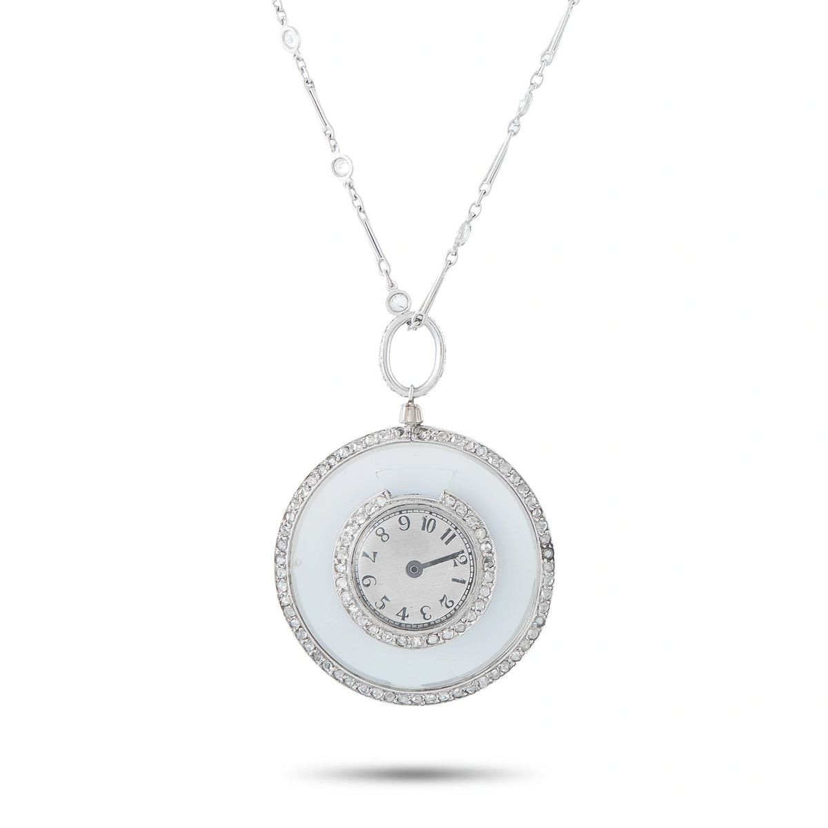 Diamond and rock crystal clock-face pendant on white gold chain