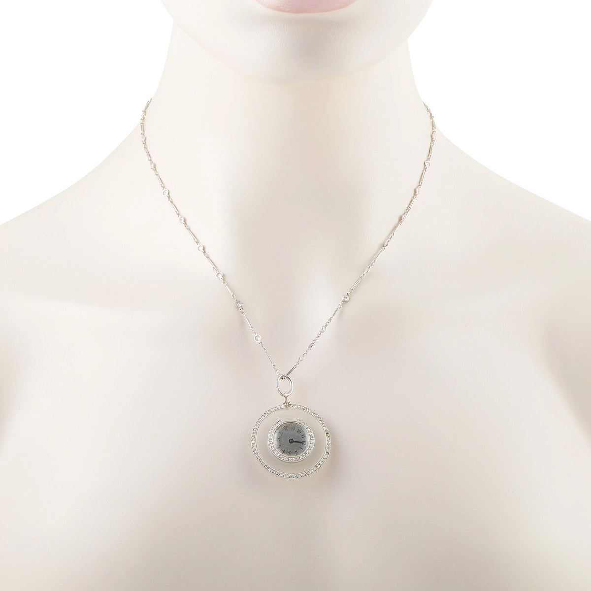 Round light-blue clock-face pendant with diamond bezel on silver chain