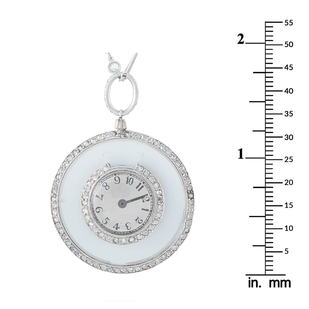 Diamond-set round clock-face pendant with light-blue center