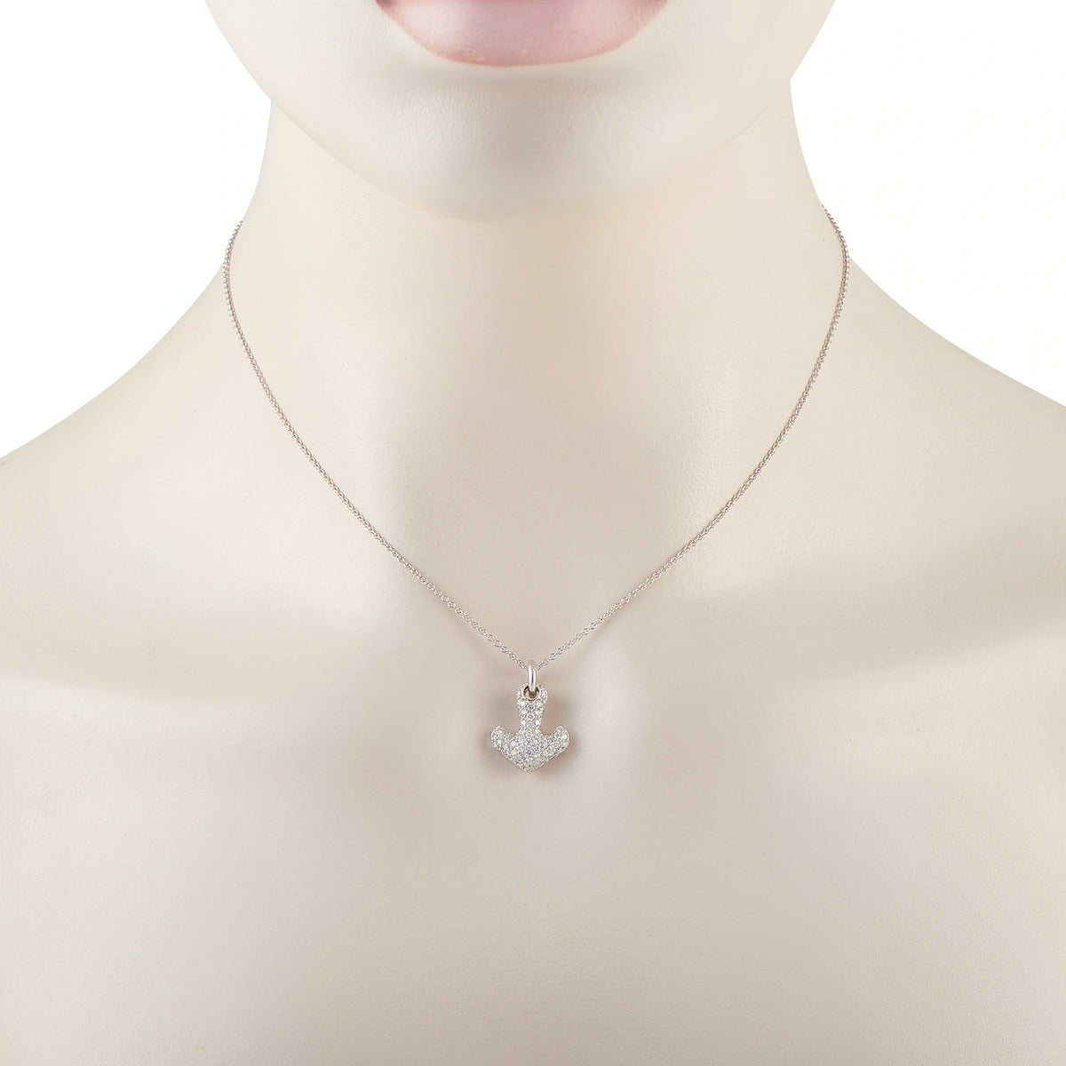 14K white gold pavé diamond anchor pendant on a fine chain