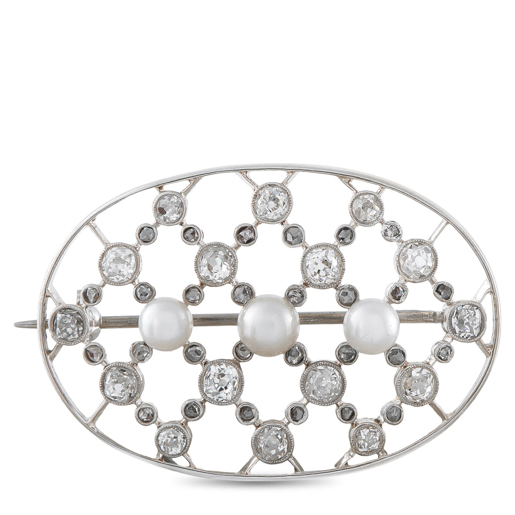 14K White Gold 1.30ct Diamond and Pearl Oval Openwork Brooch