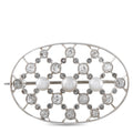 Oval white gold openwork brooch with three pearls and round diamond accents